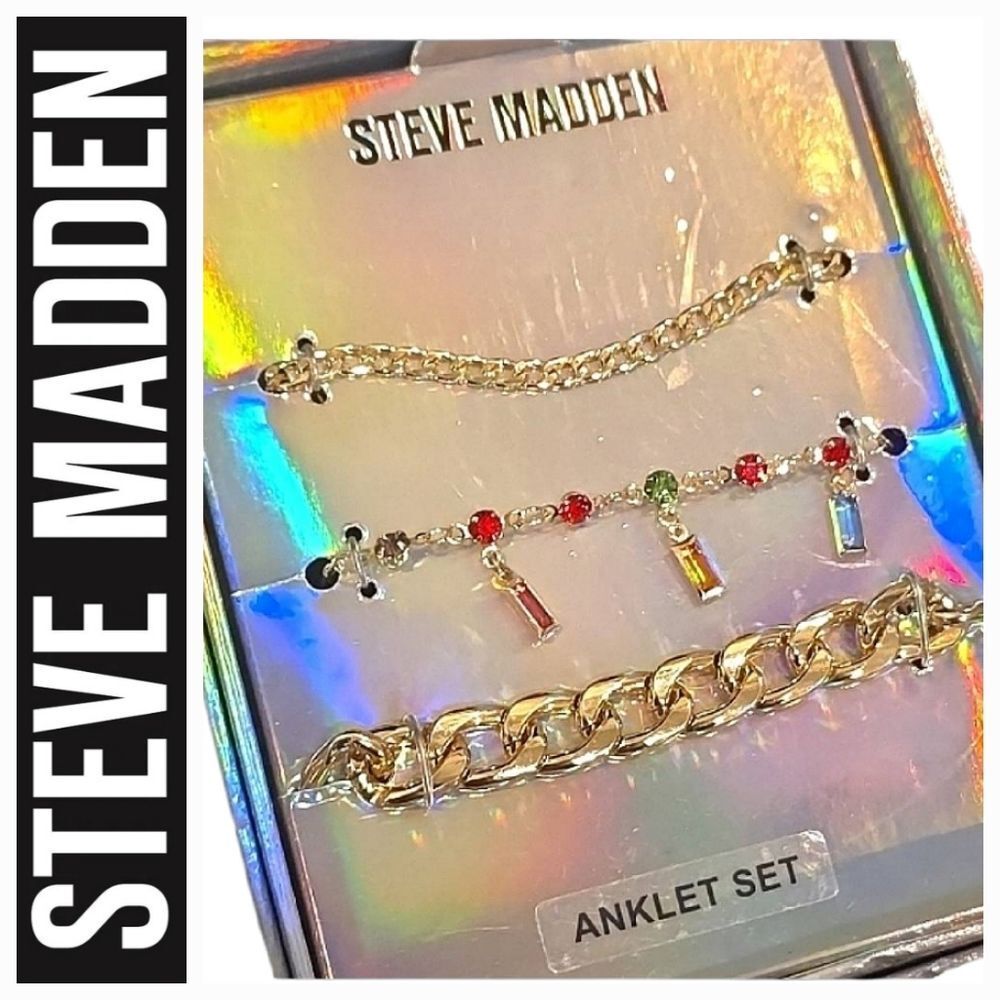 Steve Madden 3-PC Mixed‎ Stone & Gold Boxed Anklet Set